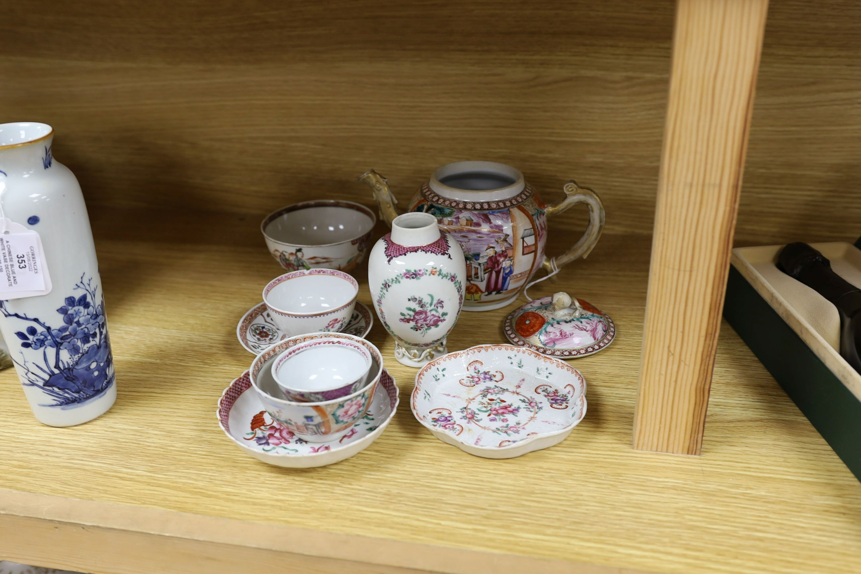 A selection of 18th century Chinese export wares, to include a teapot, tea bowls, saucers etc., some matching, tallest 16cm, (10)